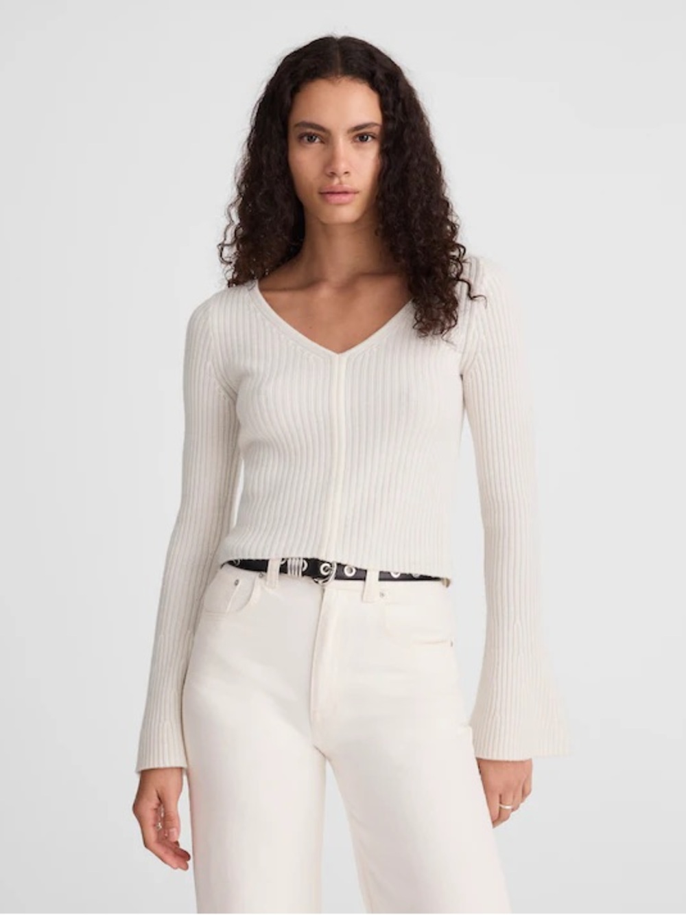 Madewell Ribbed V-Neck Sweater Top in Merino Wool ivory women’s Size S NWT